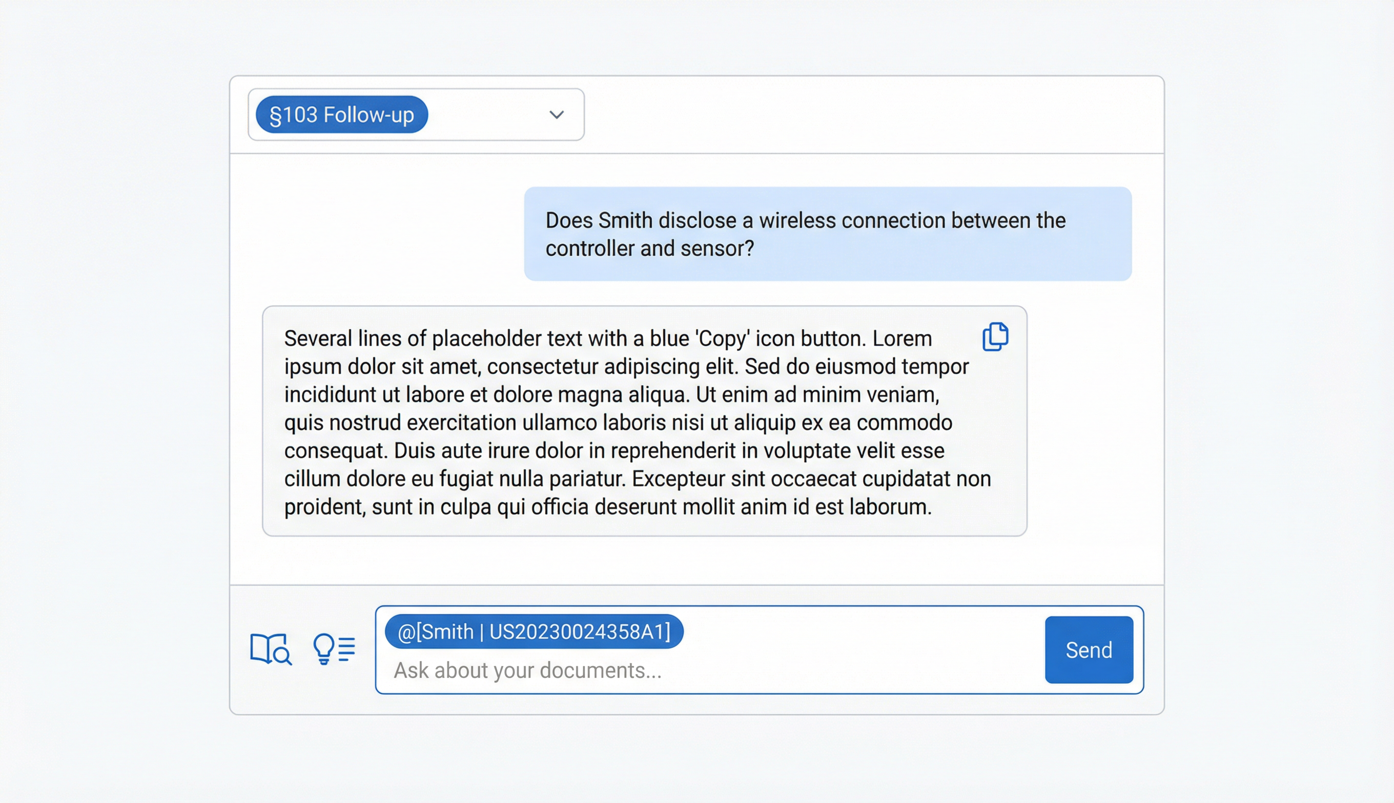 Chat interface showing prompt type selector, @ mentions, and message input