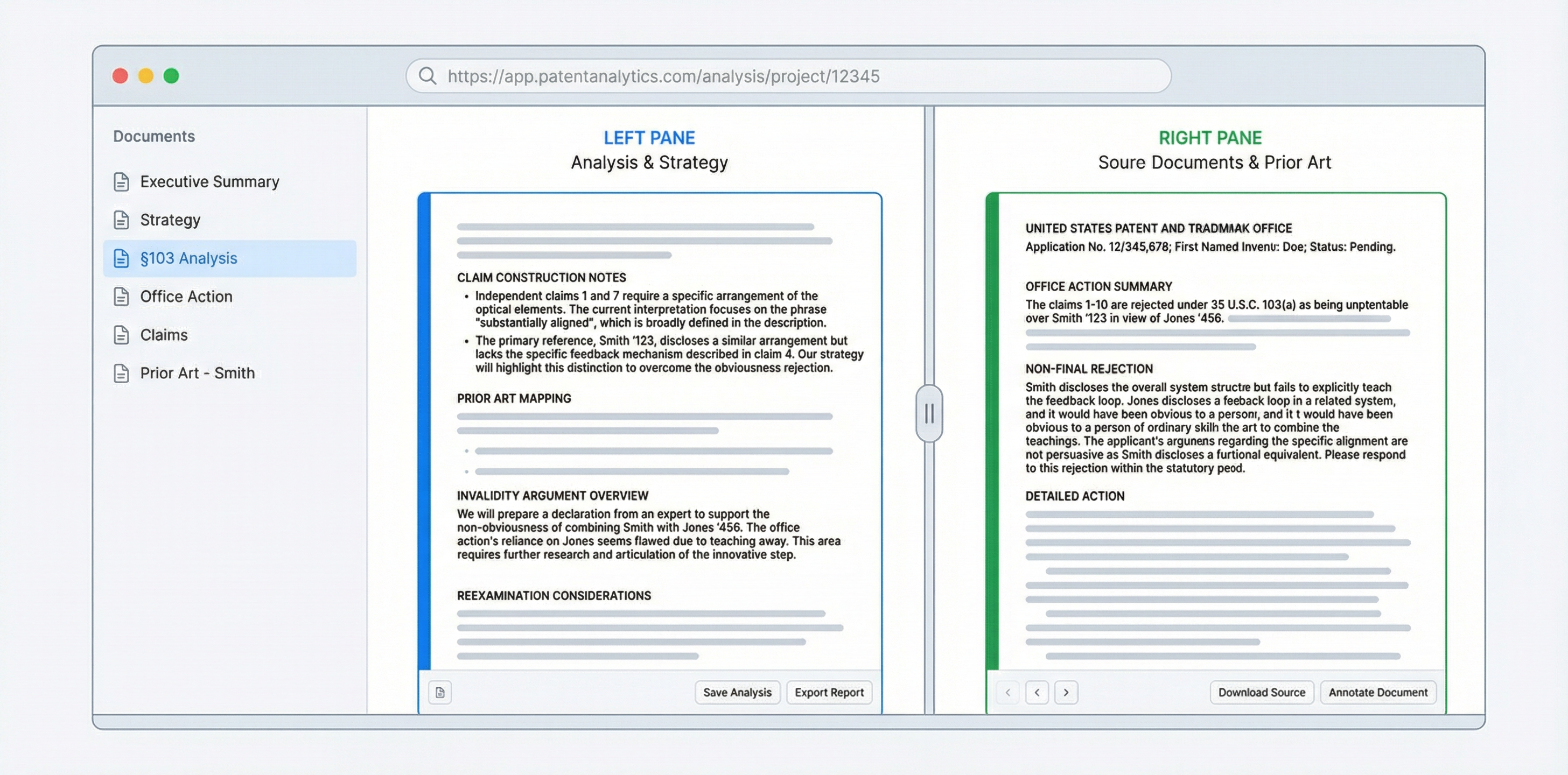 Split view layout showing analysis on the left and source documents on the right